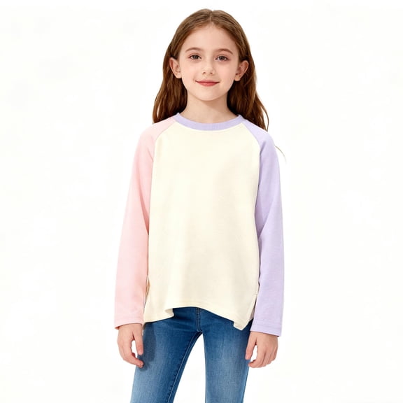ATOGUTA Shirts for Girls Casual Raglan Long Sleeve Tee Crewneck Color Block Cute Fall Blouses Tops Size 3T-14, Purple