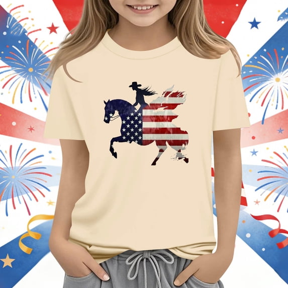ATOGUTA Shirts for Girls Kids Flag Tshirt Patriotic Top Independence Day Outfit Khaki, Size 3T-14