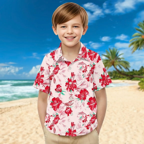 ATOGUTA Shirts for Teen Boys Short Sleeve Button Down Hawaiian Shirt Beach Tropical Summer Casual Shirts for Kids Red, 2-15 Years