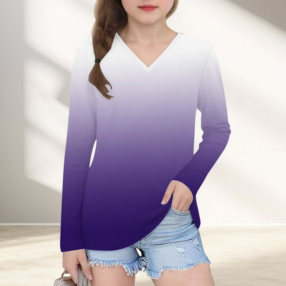 ATOGUTA Shirts for Teens Girls Long Sleeve Shirts Kids V Neck Soft Tunic Tops Size 3T-14, Purple
