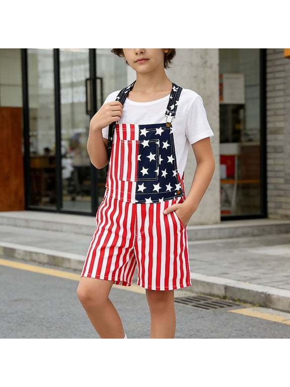 Short Overalls for Boys Kids Summer Straps 4th of July Jumpsuits Jeans Shortalls Size 5T-13, Red