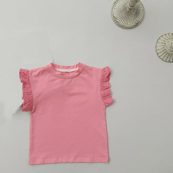 ATOGUTA Short Sleeve Shirts for Girls Shirts Casual Crew Neck Ruffle Loose Blouse Tops Pink, Size 2T-8