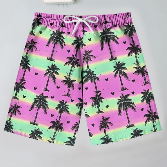 ATOGUTA Shorts for Boys Drawstring Waist Printed Summer Vacation Beach Shorts Purple, Size 7-14