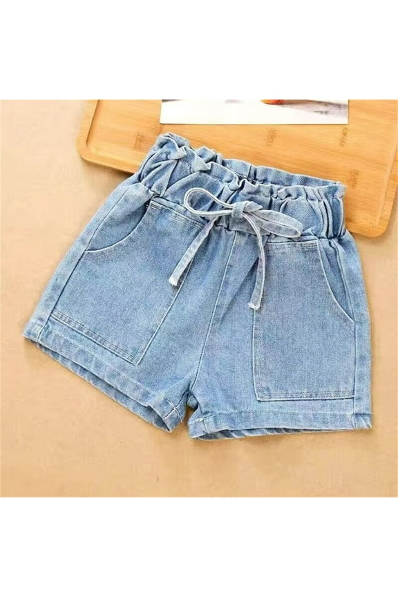 Shorts for Girls Summer Denim Short Pull-On Cut-Off Pants Stretch Waist Blue, Size 3T-13