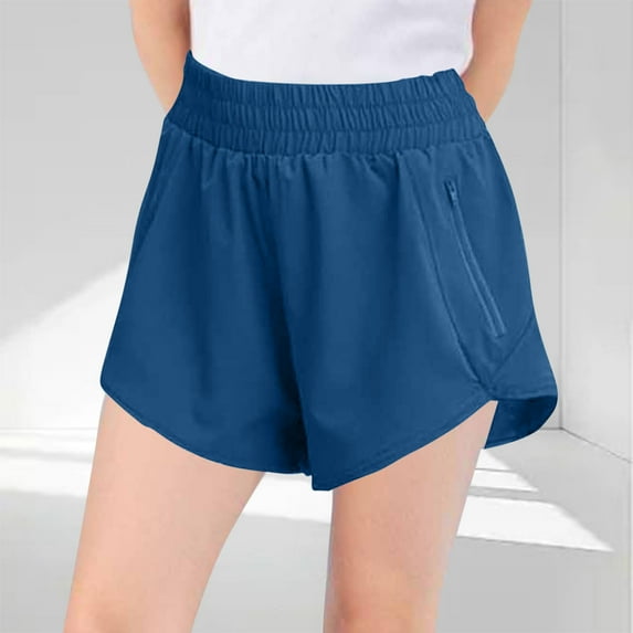 ATOGUTA Shorts for Girls with Zipper Pockets High Waisted Kids Sport Shorts for Soccer Basketball Running Navy, Size 3T-13