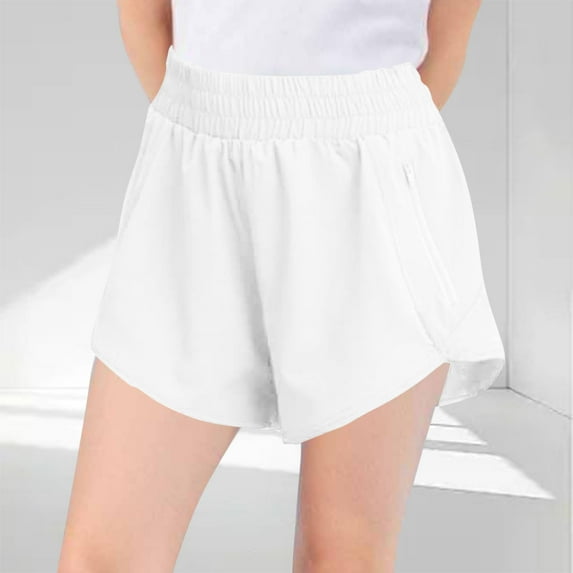 ATOGUTA Shorts for Girls with Zipper Pockets High Waisted Kids Sport Shorts for Soccer Basketball Running White, Size 3T-13