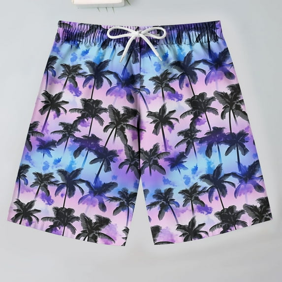 ATOGUTA Shorts for Youth Boys Drawstring Waist Printed Summer Vacation Beach Shorts Purple, Size 7-14