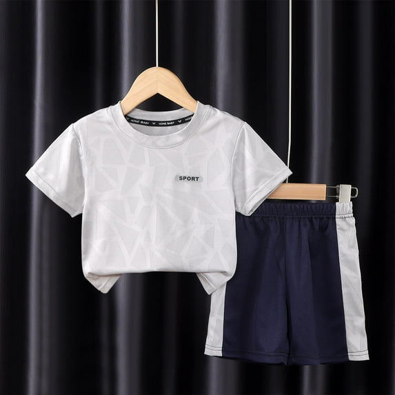 ATOGUTA Size 1-12 Years Activewear Clothing Set for Boys 2 Piece Short Sleeve Graphic T-Shirts and Active Shorts Outfit Set for Boys Gray