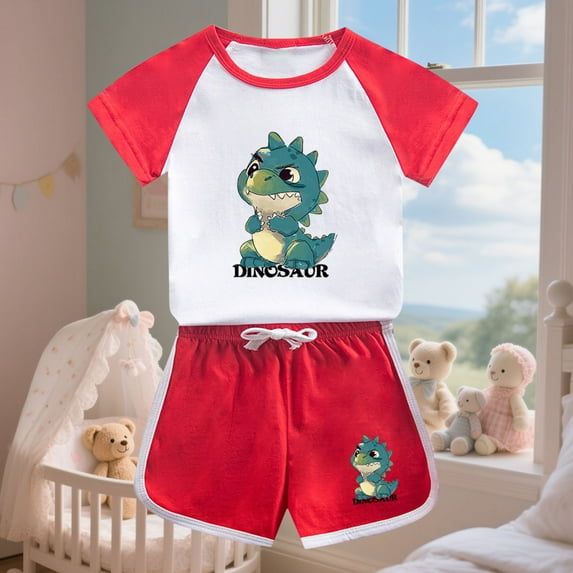 ATOGUTA Size 1-12 Years Toddler Boy Outfit Kids Short Sleeve Top T-Shirt & Shorts Dinosaur Clothing Sets Red