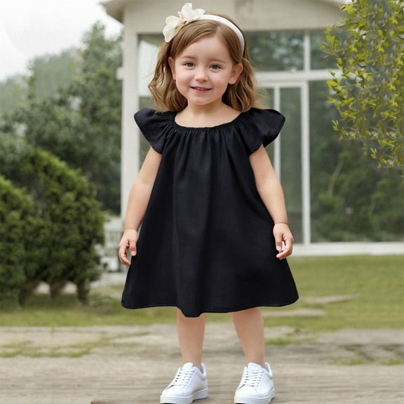 ATOGUTA Size 1T-8 Dresses for Kids Ruffle Sleeve Summer Beach Holiday A-Line Cute Midi Casual Sundress Black