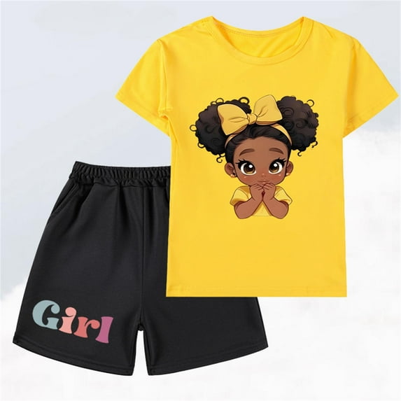 ATOGUTA Size 2-14 Years Girl's Clothing Sets Short Sleeve Tshirts and Shorts Summer Sets Comfy Kids Clothing Yellow