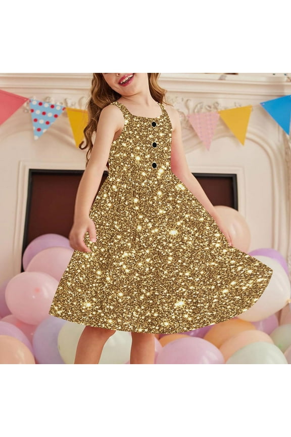 Size 2T-12 Dress for Little Girls Spaghetti Strap Button Down Midi Sleeveless Summer Casual Sundress A-line Dress with Pockets Gold