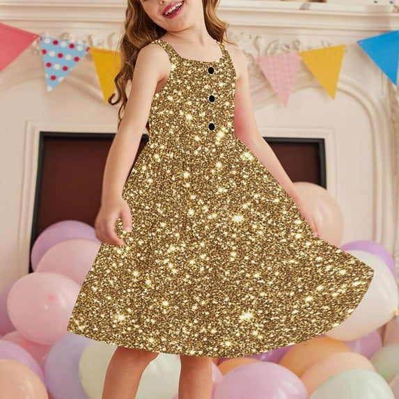 ATOGUTA Size 2T-12 Girls Special Occasion Dress Spaghetti Strap Button Down Midi Sleeveless Summer Casual Sundress A-line Dress with Pockets Gold