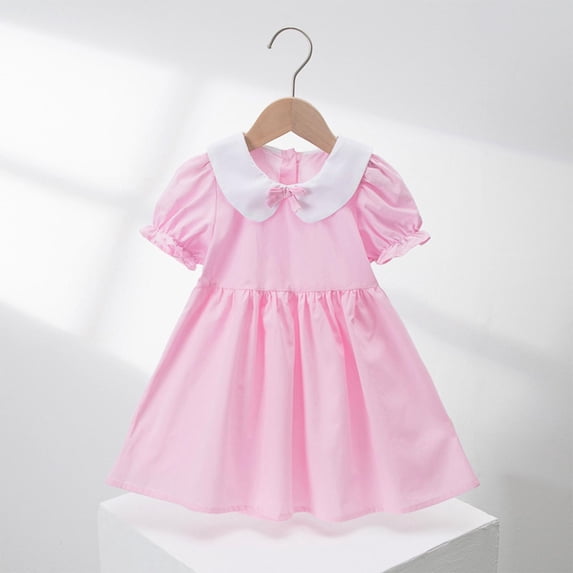 ATOGUTA Size 2T-6 Dress for Girls School Uniform Dresses Collar Short Sleeve Princess Dress Pink