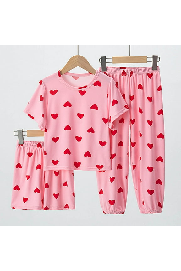 Size 3-16 Years Girl's Clothing Sets Short Sleeve Crew Neck Tee Shirts Long Pants and Shorts Clothing Set Pink