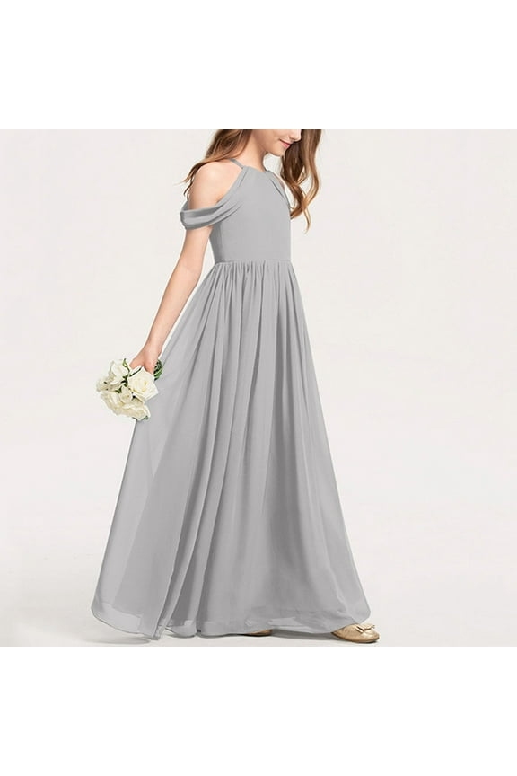 Size 3T-15 Uniform Dresses for Girls A-Line Flower Girl Flowy Chiffon Maxi Dresses Wedding Party Pageant Gown Silver