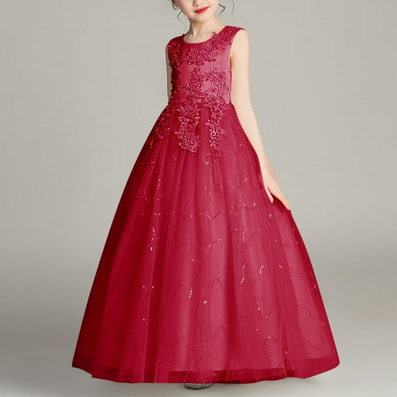 ATOGUTA Size 4T-14 Girls Wedding Dress Kids Tulle Wedding Guest Party Birthday Bridesmaid Communion Pageant Prom Ball Gown Red