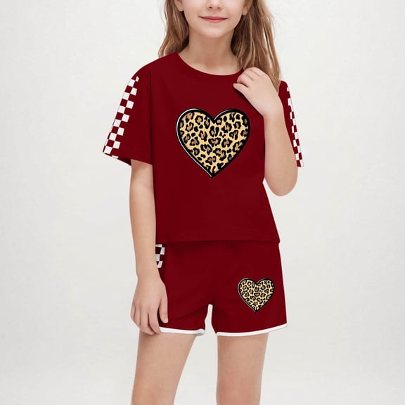 ATOGUTA Size 5-14 Years Girl's Two Piece Outfit Kids Short Sleeve T-Shirts and Elastic Waist Shorts Clothing Sets Wine