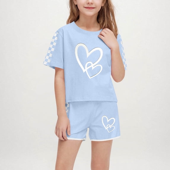 ATOGUTA Size 5-14 Years Teen Girls Clothes Kids Short Sleeve T-Shirts and Elastic Waist Shorts Clothing Sets Sky Blue