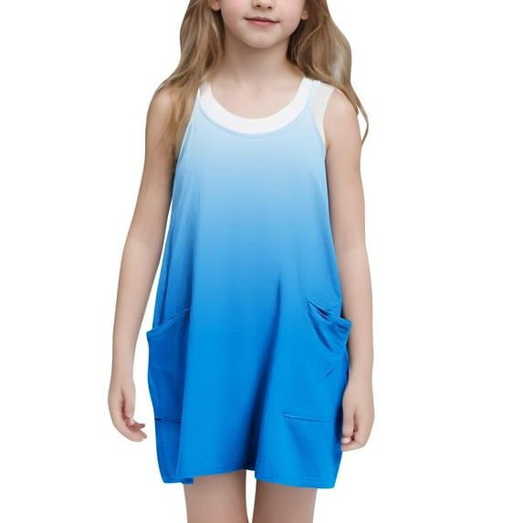 ATOGUTA Size 5T-14 Cute Summer Dresses for Teen Girls Casual Summer Straps Romper Dresses Tennis Dresses With Pockets Blue
