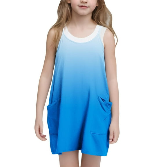 ATOGUTA Size 5T-14 Girls Long Dress Casual Summer Straps Romper Dresses Tennis Dresses With Pockets Blue