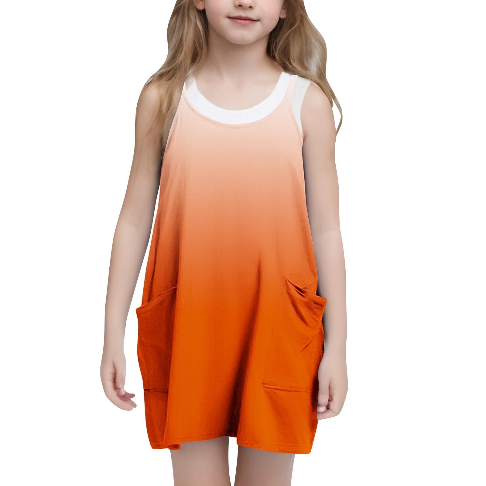 Atoguta Size 5t-14 Graduation Dresses for Girls Casual Summer Straps Romper Dresses Tennis Dresses with Pockets Orange, Girl's, Size: 9-10