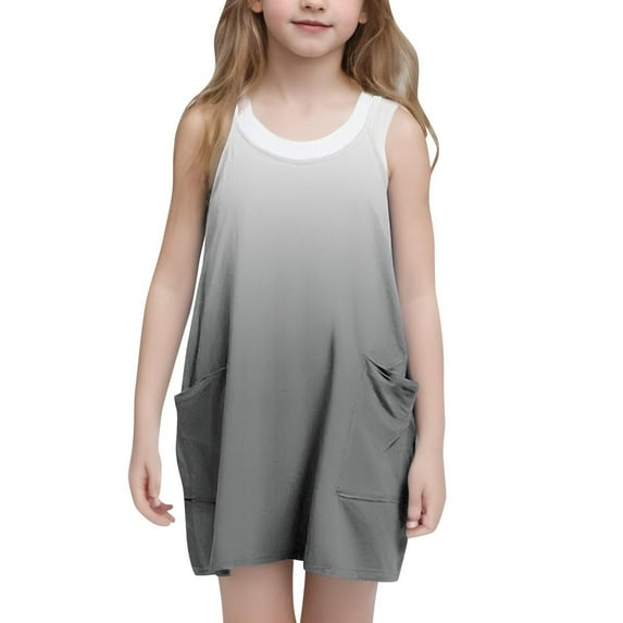 ATOGUTA Size 5T-14 Little Girl Dresses Casual Summer Straps Romper Dresses Tennis Dresses With Pockets Gray