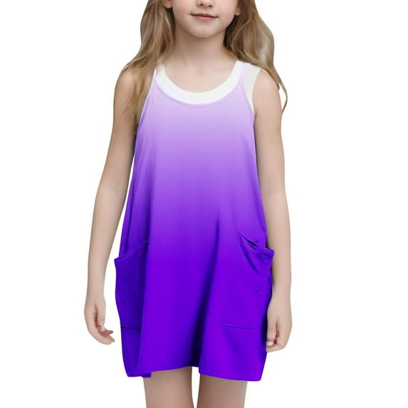 ATOGUTA Size 5T-14 Little Girls Summer Dresses Casual Summer Straps Romper Dresses Tennis Dresses With Pockets Purple