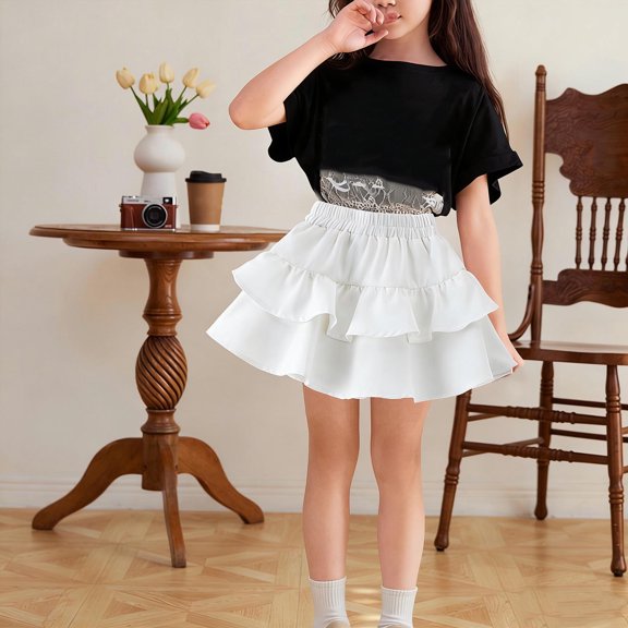 ATOGUTA Skirts Girls Casual Mini Flare Pleated Stretch Waist Skater Dance Party School Uniform Skirts Size 3T-14, White