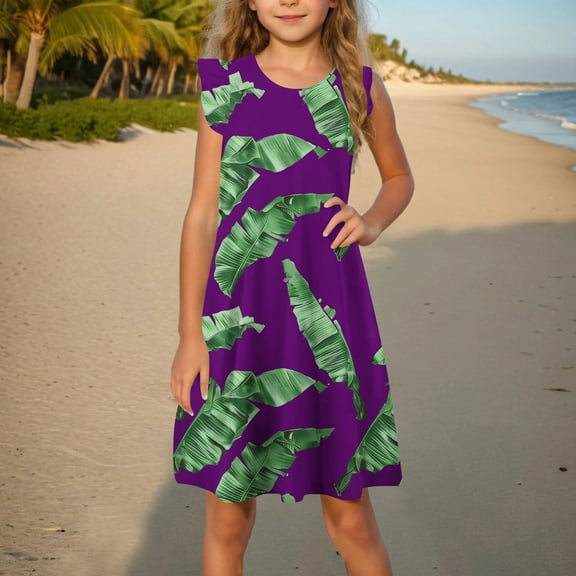 ATOGUTA Summer Dresses for Girls 4T-14 Sleeveless Casual Summer Outfit School Holiday Clothes Purple
