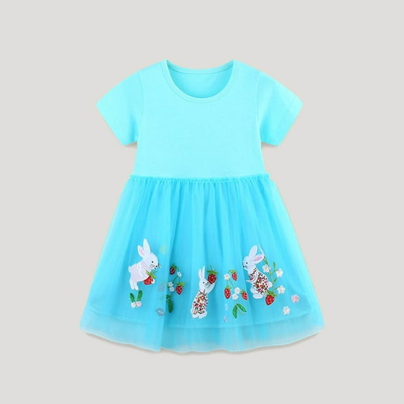 ATOGUTA Summer Dresses for Girls Summer Sundress Kids Short Sleeve School Casual A Line Twirly Skater Dresses Light Blue, Size 2T-8