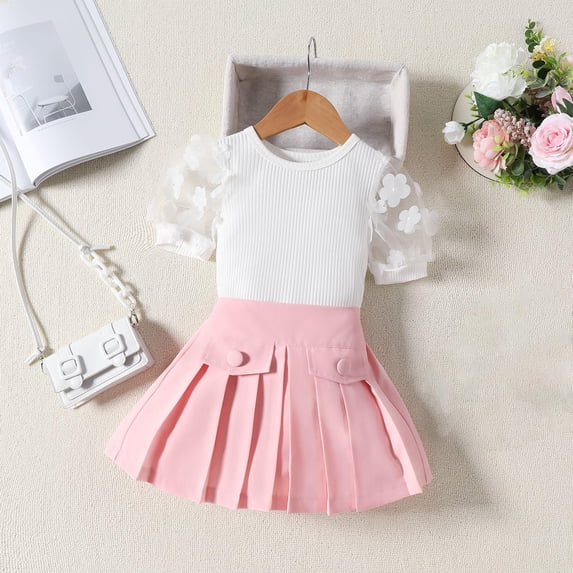 ATOGUTA Summer Outfits for Teen Girls Short Sleeve Flower Mesh Tops Pleated Skirt Set 2Pcs Pink, Sizes 18M-5T