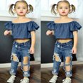 thumbnail image 1 of ATOGUTA Summer Outfits for Baby Girls Off Shoulder Tops Ripped Jean Pants Outfits Sets Blue, Size 18M-6, 1 of 5
