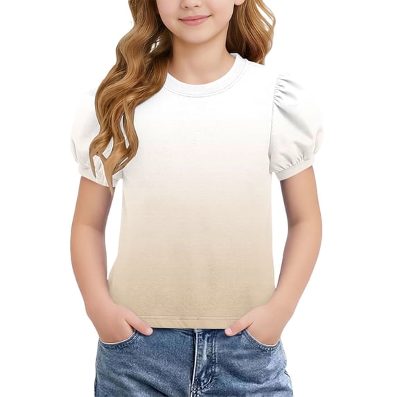 ATOGUTA Summer Shirts For Girls Graphic Tees Short Sleeve Tshirts Crewneck Cute Summer Casual Basic Tops for Kids Teen Size 4T-15, Beige