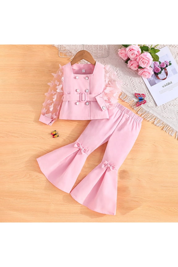 Summer Teen Outfit 3T-9 Fashion Casual Bow Mesh Sleeves Blazer Pants Suit Set Pink