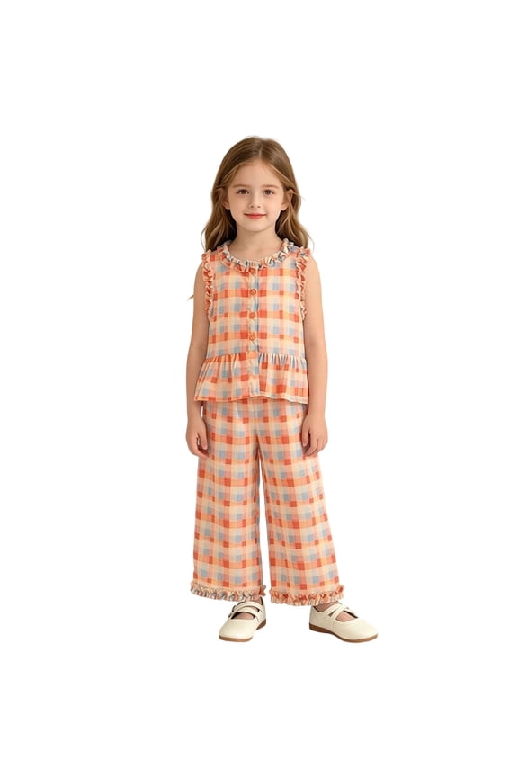 Summer Vacation Outfits for Girls Sleeveless Ruffle Tank Tops and Wide Leg Pants Set 2 Piece Clothing Set Size 18M-11, Orange