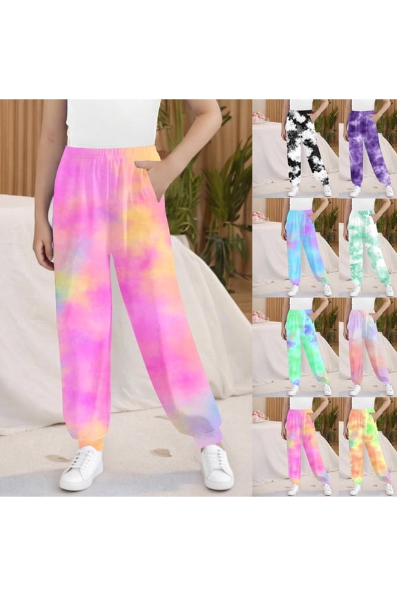 Sweat Pants for Girls Size 3T-15 Loose High Waist Elastic Waist Trousers Kids Pull-on Lounge Tie Dye Joggers with Pocket Pink