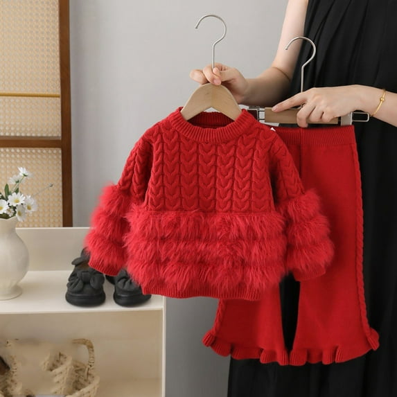 ATOGUTA Sweater and Pants Set for Women Long Sleeve Button Knit Pullover Sweater Top and Wide Leg Pants Sweatsuit Size 1T-8, Red