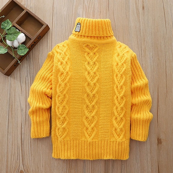 ATOGUTA Sweater for Boys Girls Turtleneck Long Sleeve Cable Knit Sweater Chunky Pullover Jumper Fall Winter Yellow, Size 3T-9
