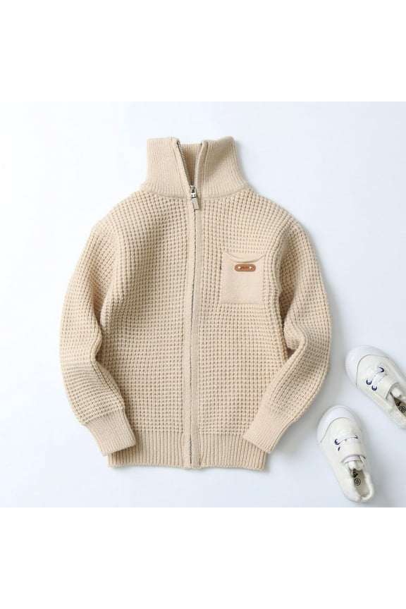 Sweaters for Teen Boys Girls Knitted Full Zip Cardigan Sweater Long Sleeve Kids School Uniform Fall Jacket Khaki, Size 6-16