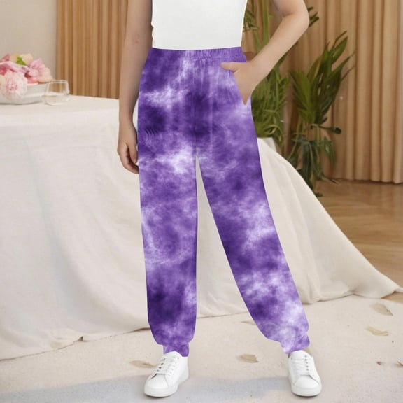 ATOGUTA Sweatpants Girls Size 3T-15 Loose High Waist Elastic Waist Trousers Kids Pull-on Lounge Tie Dye Joggers with Pocket Purple