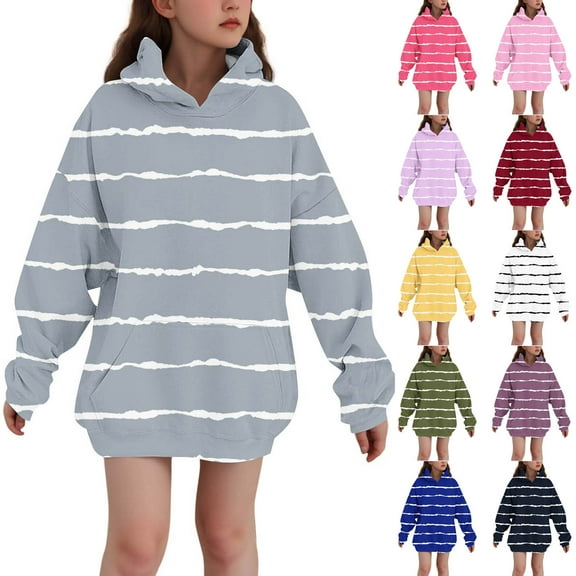 ATOGUTA Sweatshirt Girls Striped Pullover Top Hoodie Kids Long Sleeve Sweatshirts with Pockets Size 3T-14, Gray