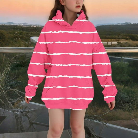 ATOGUTA Sweatshirt Girls Uniform Striped Pullover Top Hoodie Kids Long Sleeve Sweatshirts with Pockets Size 3T-14, Hot Pink