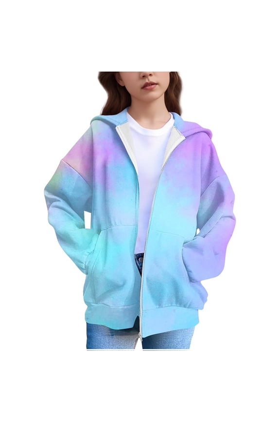 Sweatshirts For Girls Kids Casual Long Sleeve Zip Up Tie-dye Hoodies Fall Jacket with Pockets Size 4T-12 Blue