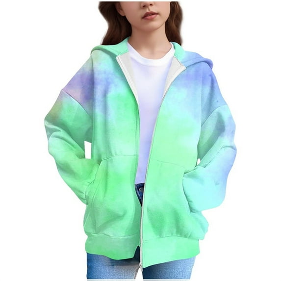 ATOGUTA Sweatshirts For Girls Kids Casual Long Sleeve Zip Up Tie-dye Hoodies Fall Jacket with Pockets Size 4T-12 Green
