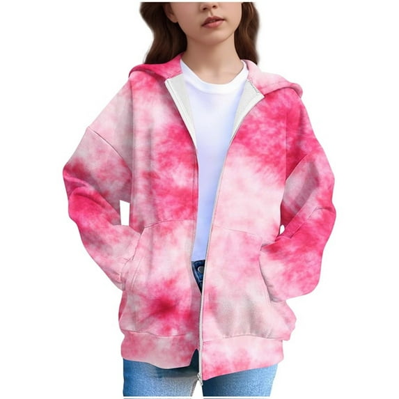 ATOGUTA Sweatshirts For Girls Kids Casual Long Sleeve Zip Up Tie-dye Hoodies Fall Jacket with Pockets Size 4T-12 Hot Pink
