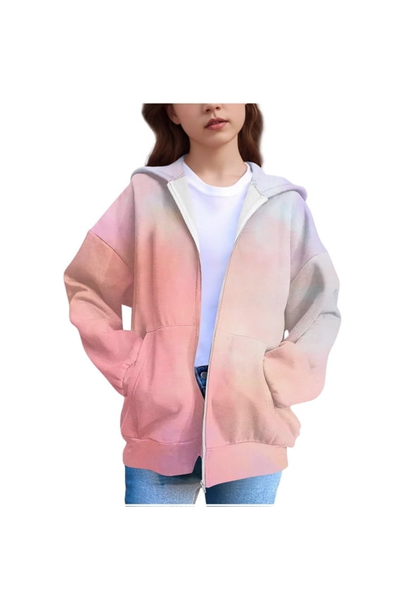 Sweatshirts For Girls Kids Casual Long Sleeve Zip Up Tie-dye Hoodies Fall Jacket with Pockets Size 4T-12 Light Blue