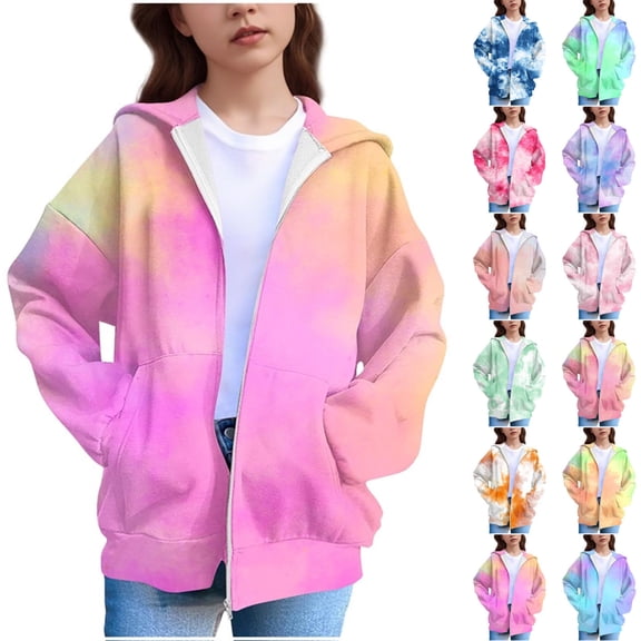 ATOGUTA Sweatshirts For Girls Kids Casual Long Sleeve Zip Up Tie-dye Hoodies Fall Jacket with Pockets Size 4T-12 Pink