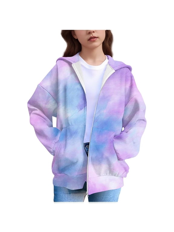 Sweatshirts For Girls Kids Casual Long Sleeve Zip Up Tie-dye Hoodies Fall Jacket with Pockets Size 4T-12 Purple