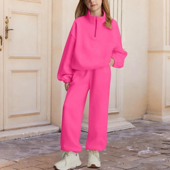 ATOGUTA Sweatsuits 2Pcs Sets Girls Drop Shoulder Half Zip Sweatshirt and Sweatpants Joggers Set with Pockets Size 8-13, Hot Pink